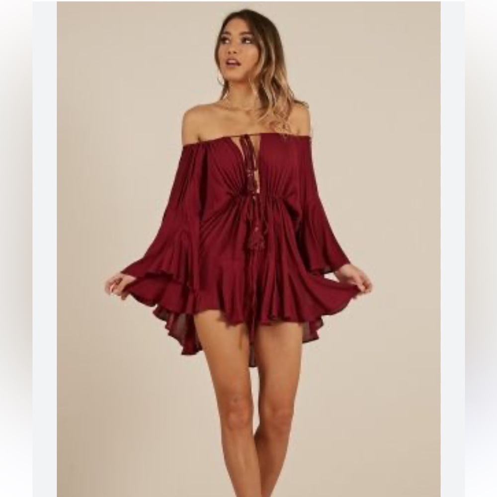 Hello Molly Off-Shoulder Burgundy Romper
